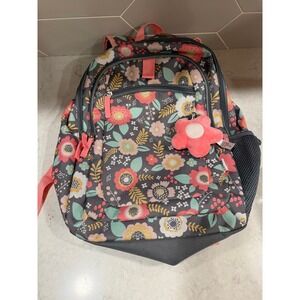 Crckt Kids Floral Backpack Gray Pink School Bag with Flower Keychain 16 inch